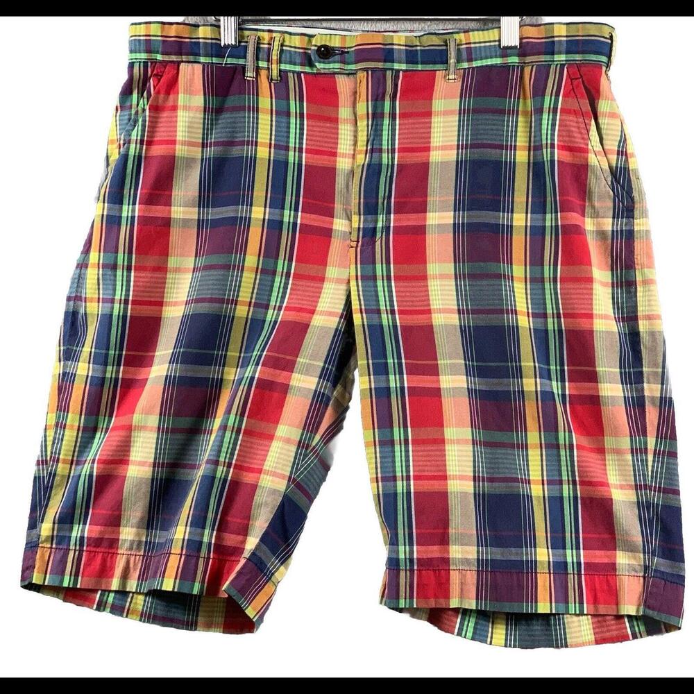Vtg Polo Ralph Lauren Men’s Belt-back Cargo Shorts, Sz 36 Madras 80’s Grail